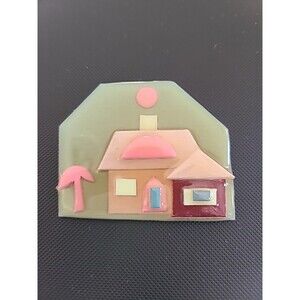 VINTAGE HOUSE PINS BY LUCINDA BROWN YELLOW GREEN COLORS BROOCH ESTATE